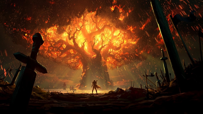 World Tree on fire with a warrior and ships