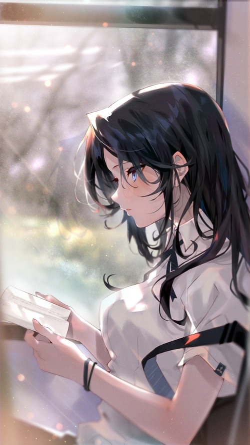Anime girl with black hair reading a book