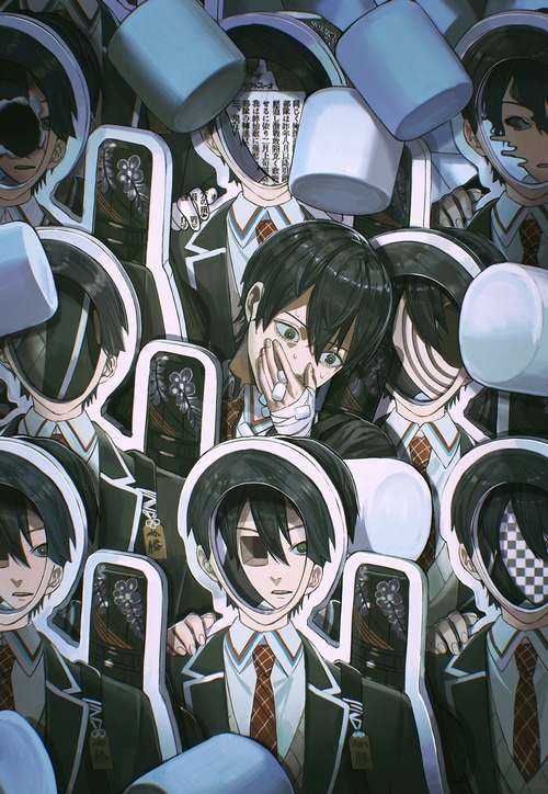 Ikuta41 anime boys with distorted faces and marshmallows