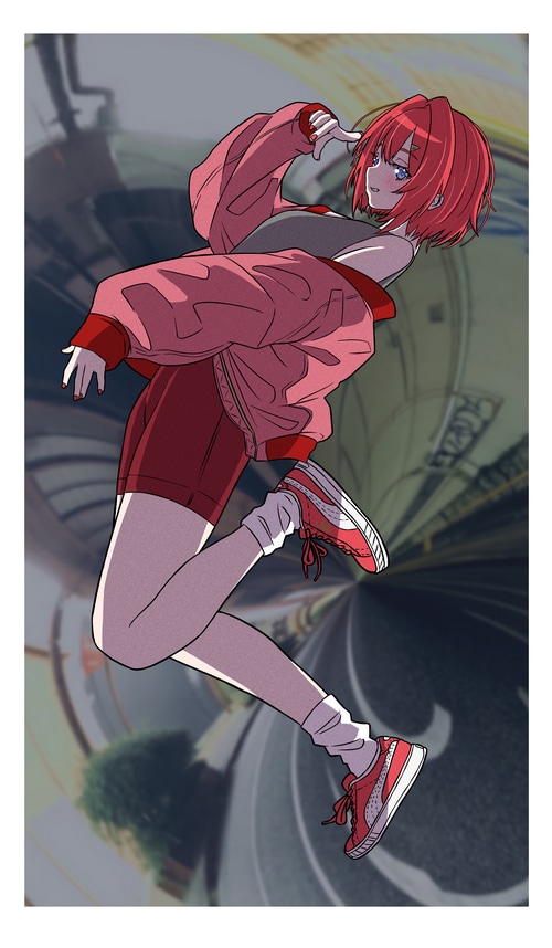 Ange Katrina in a pink jacket and red shorts