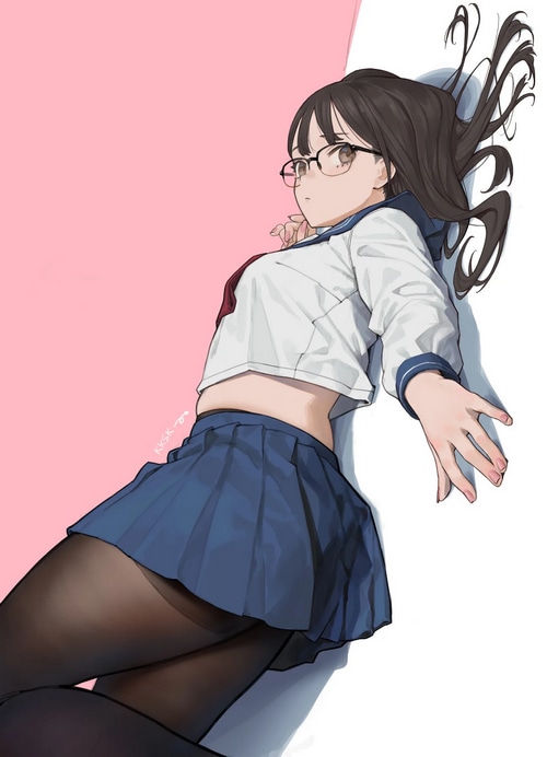 Schoolgirl with glasses lying down