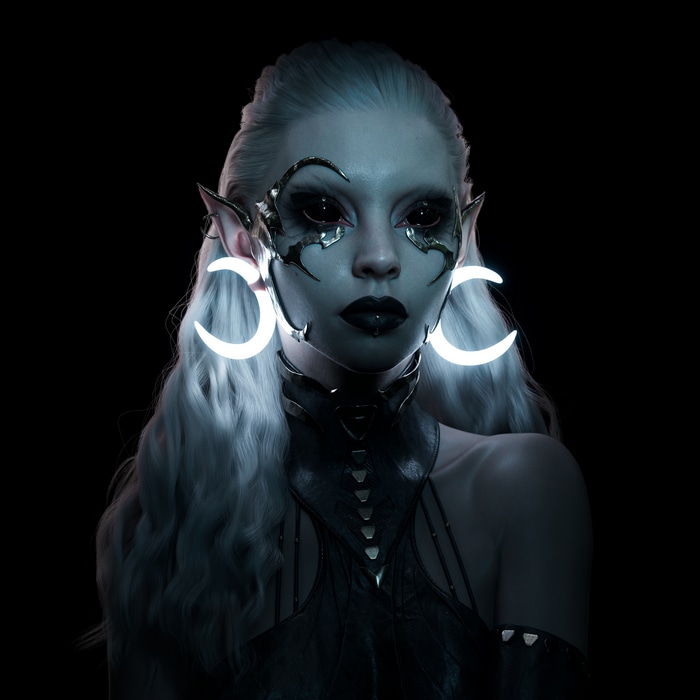 4K Elven Woman with Silver Hair and Moon Earrings