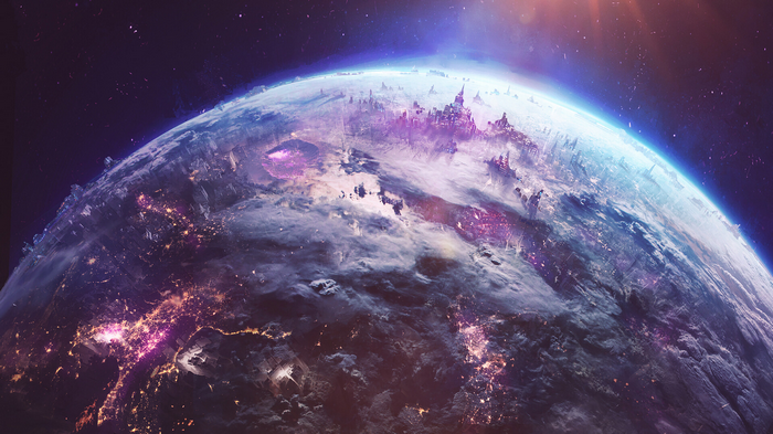 Futuristic planet with glowing cities and clouds in space