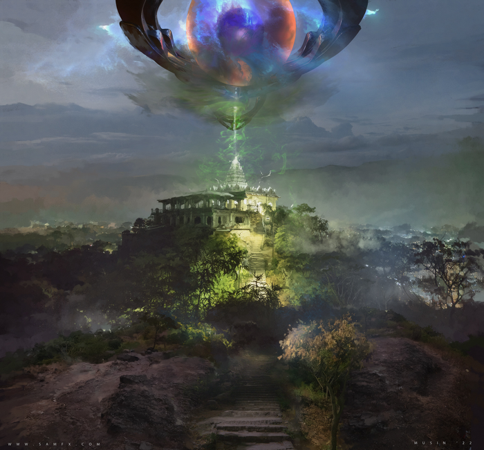 Alien artifact above ancient temple