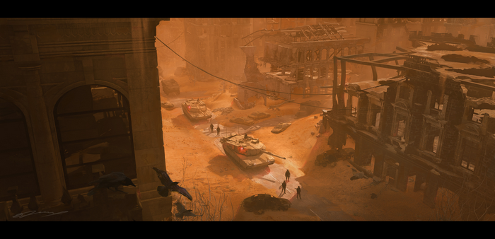 Tanks and figures in a dusty, ruined city
