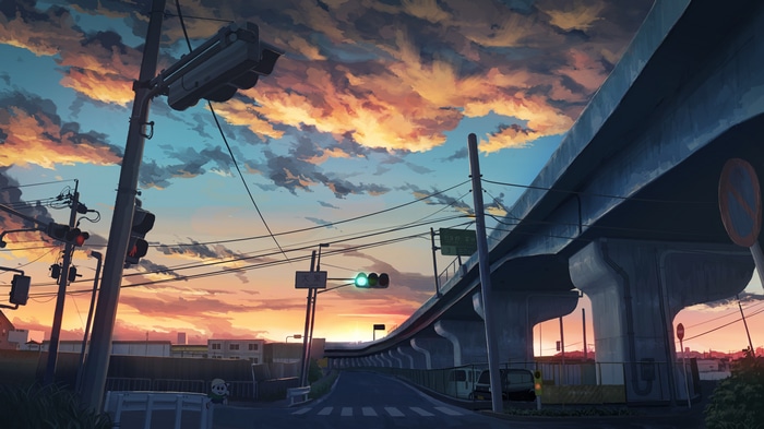 4K sunset glow over city street with traffic lights