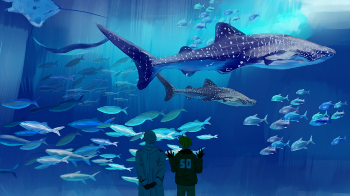 Anime boys watch whale sharks and fish in aquarium