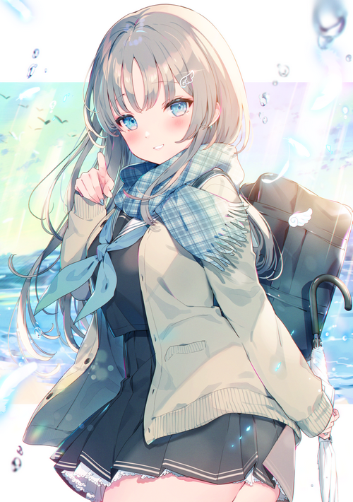 Schoolgirl with blue eyes and silver hair holding an umbrella
