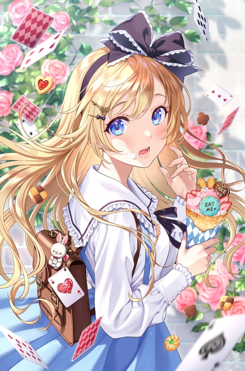 Alice in Wonderland girl with cards and food