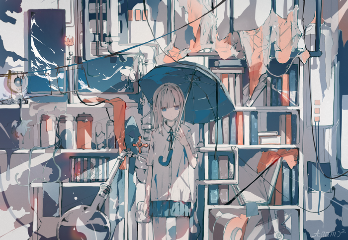 Girl with umbrella in a cluttered room