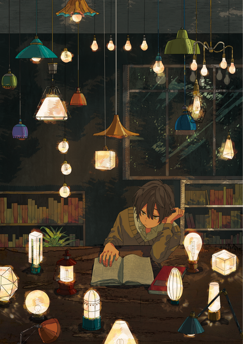 Anime boy reading surrounded by many lights