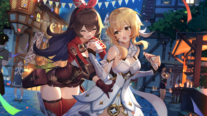 4K Genshin Impact: Lumine and Amber at a Festival