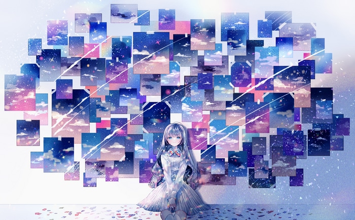 Girl with blue hair and blue eyes surrounded by sky photos