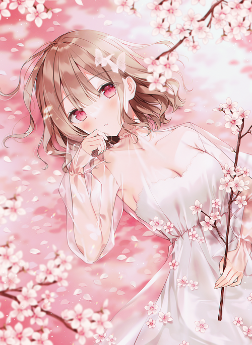Anime girl with pink eyes lying among cherry blossoms