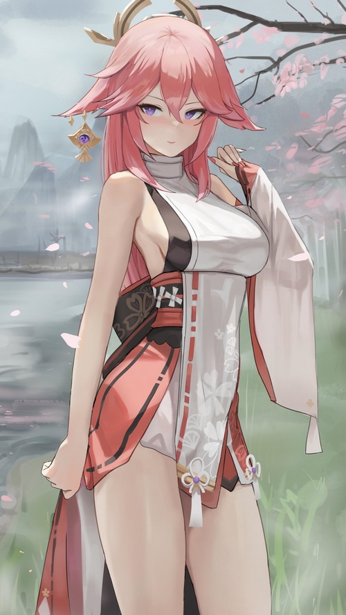 Yae Miko from Genshin Impact with pink hair and purple eyes