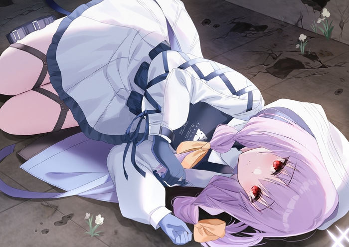 Girl with purple hair and red eyes lying down