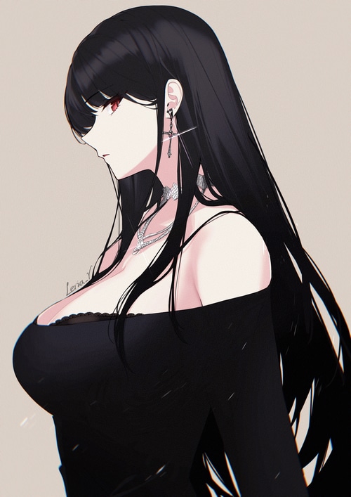 Anime girl with black hair and red eyes wearing a black dress