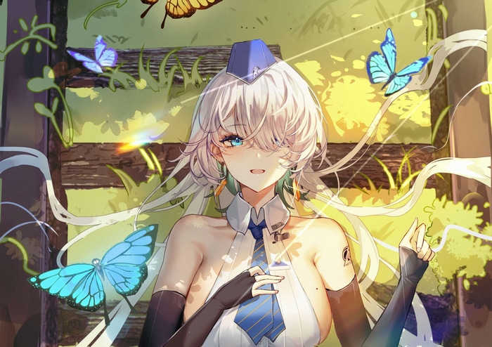 Anime girl with blonde hair and blue eyes with butterflies