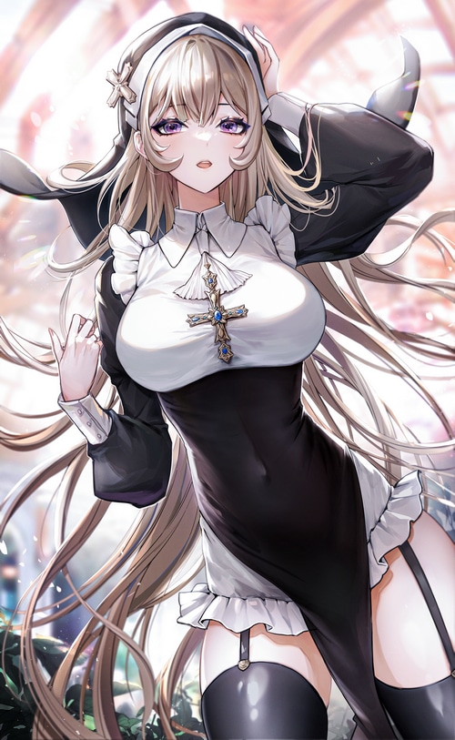 Nun with blonde hair and purple eyes