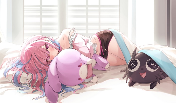 Minato Aqua and creature lying on bed