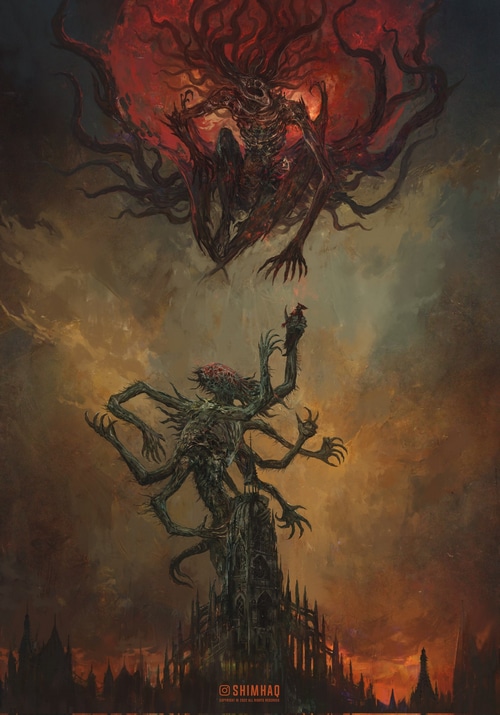 Bloodborne Artwork: Cosmic Horror Creatures in a Dark City
