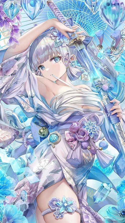 Kamisato Ayaka with a sword and blue flowers