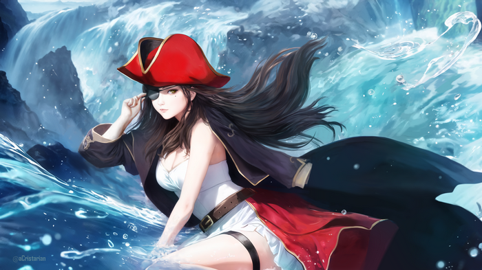 Pirate girl with eyepatch in the ocean