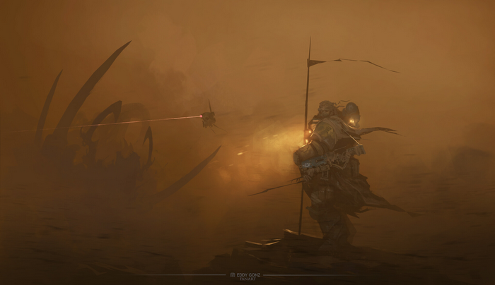 Warhammer 40,000 Space Marine in a dusty landscape