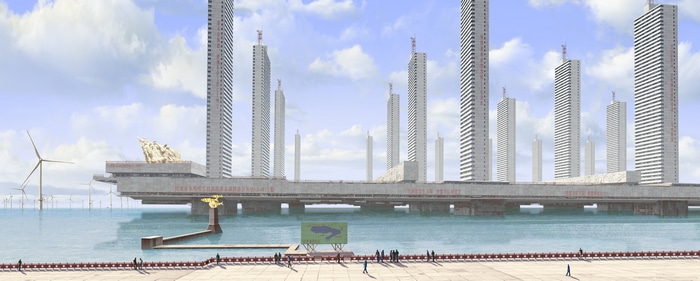 China 2098 Futuristic Cityscape with Wind Turbines