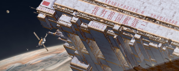 4K Futuristic Space Station near Jupiter