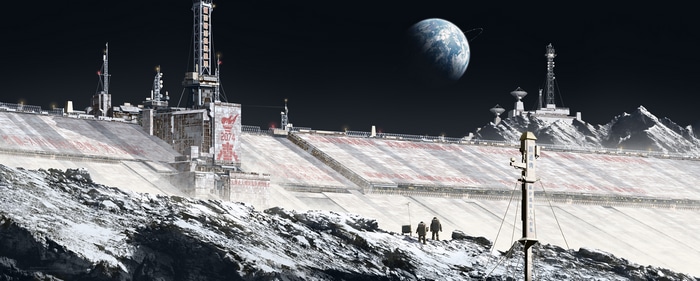 4K Moon Base with Earth in the Background