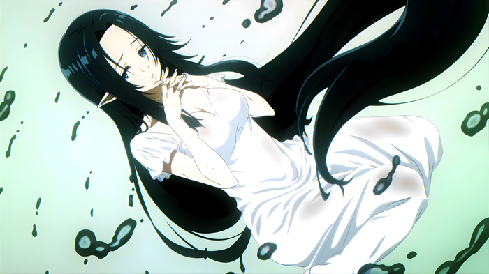 Luna in a white dress with black hair