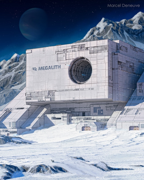 Megalith futuristic building in snowy mountains by Marcel Deneuve