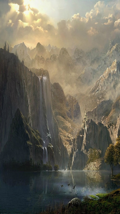 Fantasy castle on a cliff overlooking a lake with mountains