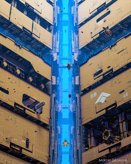 Futuristic Cityscape with Spaceships by Marcel Deneuve