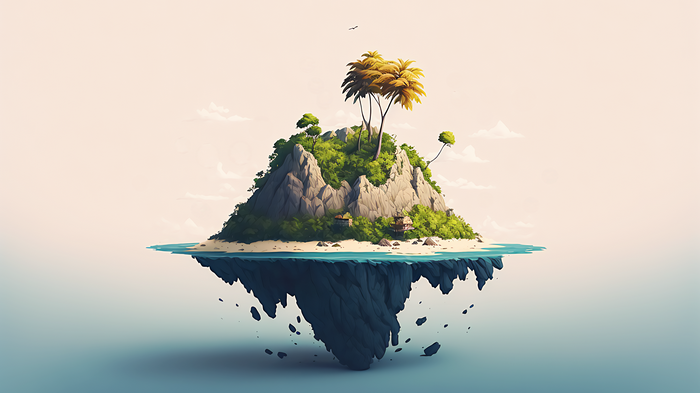 4K floating island with palm trees and houses