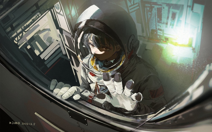 Astronaut looking out a spaceship window