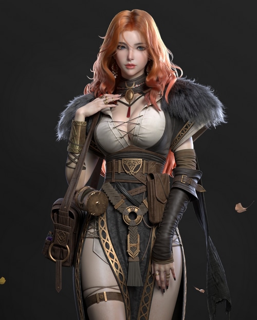 Woman warrior with red hair and fur collar