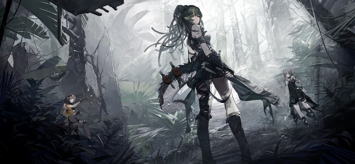 Arknights characters in a dark jungle setting