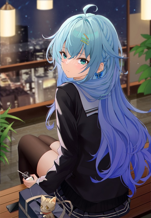 Girl with blue gradient hair and cat plushie