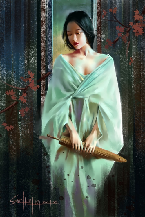 Woman in Kimono Holding Umbrella