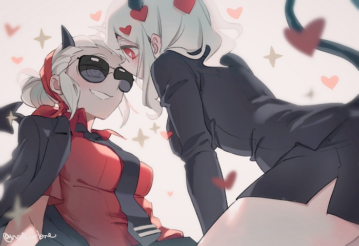 Justice and Modeus from Helltaker with hearts