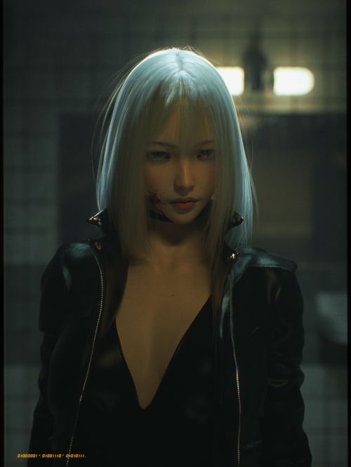Woman with white hair and black jacket