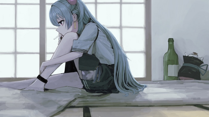 Melancholic girl with blue hair smoking