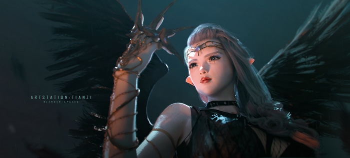 4K Angel with Black Wings and Pointy Ears