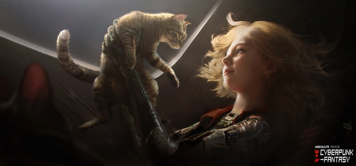 Artwork of Tian Zi holding a cat