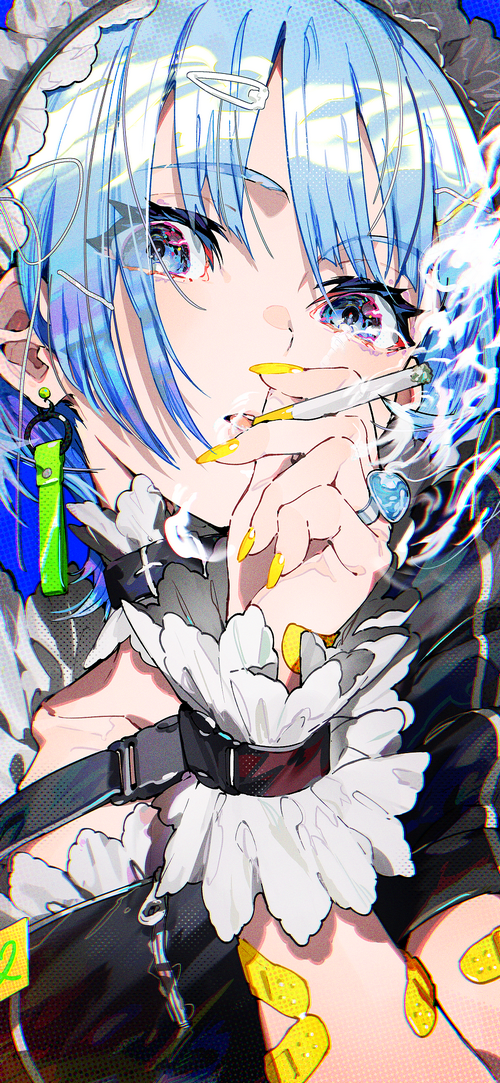 Girl with blue hair smoking a cigarette