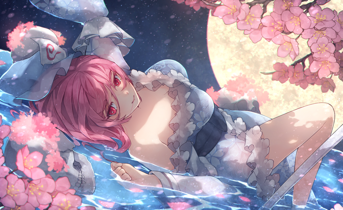 Saigyouji Yuyuko lying in water with cherry blossoms