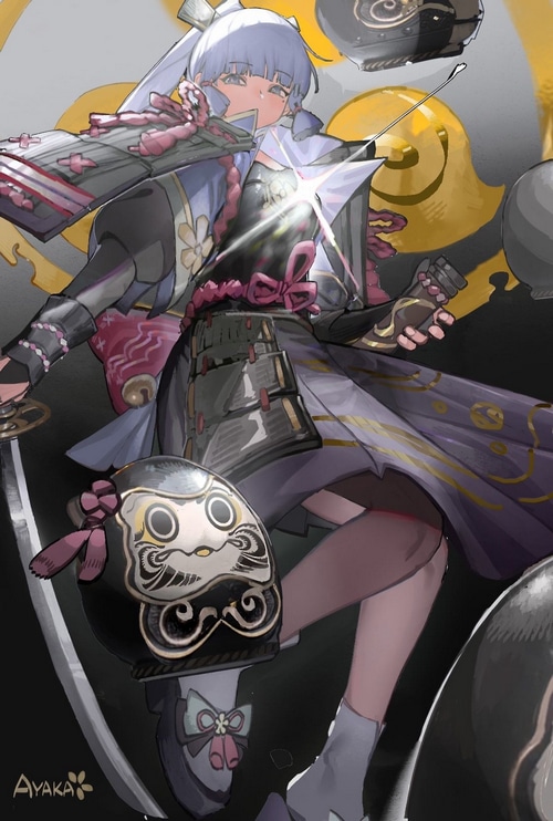 Kamisato Ayaka from Genshin Impact with sword and Daruma doll