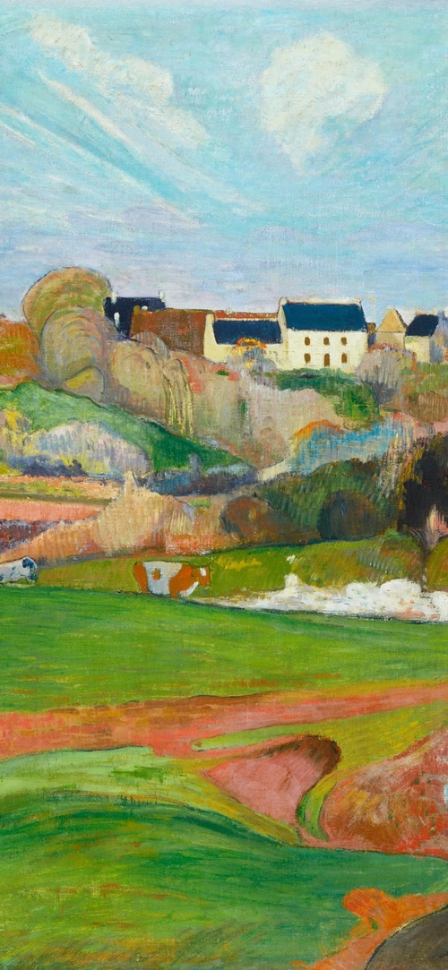 Landscape painting with houses and cows